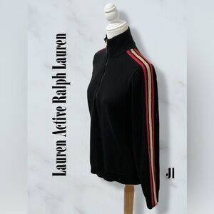 NWT LAUREN ACTIVE RALPH LAUREN Black Knit Golf Top Red Gold Metallic Accents Lg